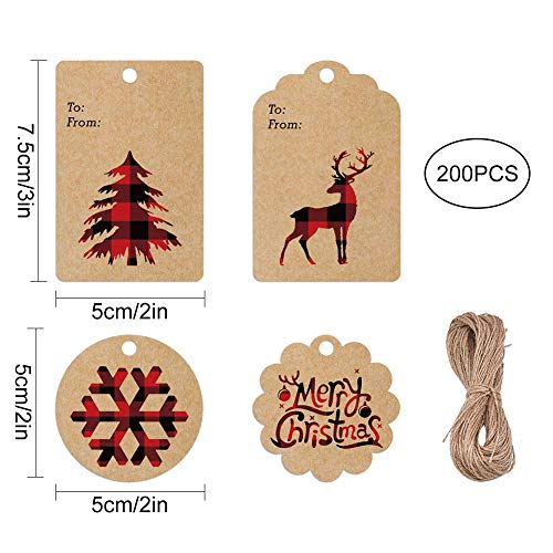 Etiquetas navideñas de papel kraft,paquete de 200 etiquetas marrones con 50 m de yute,etiquetas de regalo,etiquetas colgantes para decoración,feliz Navidad,árbol,alce,patrón de copo de nieve