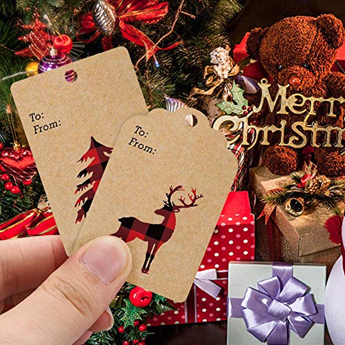 Etiquetas navideñas de papel kraft,paquete de 200 etiquetas marrones con 50 m de yute,etiquetas de regalo,etiquetas colgantes para decoración,feliz Navidad,árbol,alce,patrón de copo de nieve