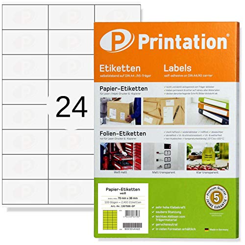 Etiquetas universales 70 x 36 mm, 2400 unidades / 24 en cada hoja, 100 hojas, color blanco, adhesivas, 3475 3490 6122 4453 la131 la132