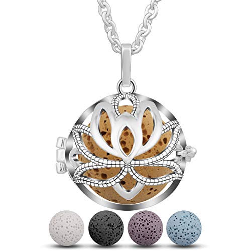 Eudora Colgante Aromaterapia Mujer Armonía Piedra Volcánica Collar de Difusor de Aceites Esenciales para Aromaterapia Collares Perfume Camafeo Jaula Bola de Lava 5pcs, 30"
