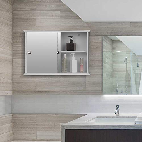 EUGAD Armarios con Espejo para Baño Cocina Mueble Espejo para Baño Mueble de Pared de baño Espejo con Estante Mueble Joyero de Madera con 2 Estantes 56 x 36 x 14 cm Blanco 0021WY