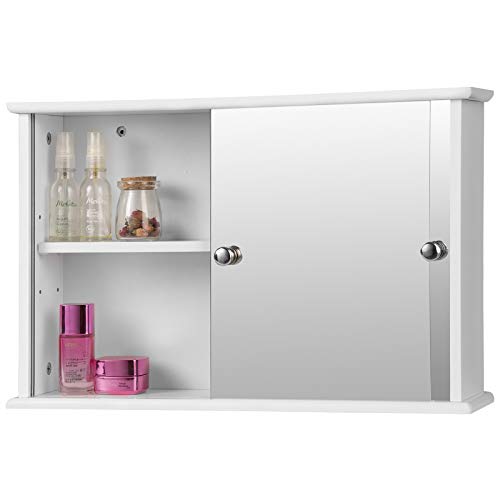 EUGAD Armarios con Espejo para Baño Cocina Mueble Espejo para Baño Mueble de Pared de baño Espejo con Estante Mueble Joyero de Madera con 2 Estantes 56 x 36 x 14 cm Blanco 0021WY