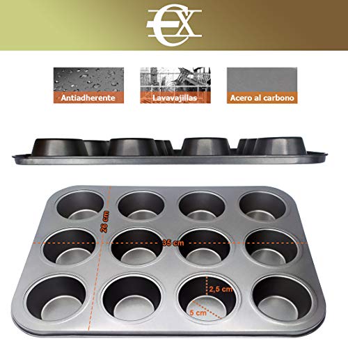 EUROXANTY® Moldes de Horno para 12 Magdalenas y Muffins | Acero al Carbono con Recubrimiento Antiadherente Fácil Limpieza (12 Redondo x2)