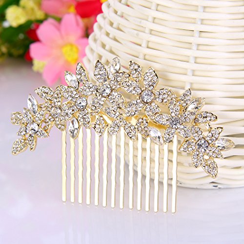 EVER FAITH Mujer Cristal Austríaco Boda Elegante Flor Racimo Peineta para Pelo Claro Tono Dorado