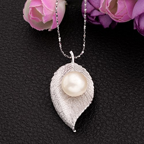 EVER FAITH Plata de Ley 925 11MM Perla Cultivada de Agua Dulce Único Hoja Colgante Collar