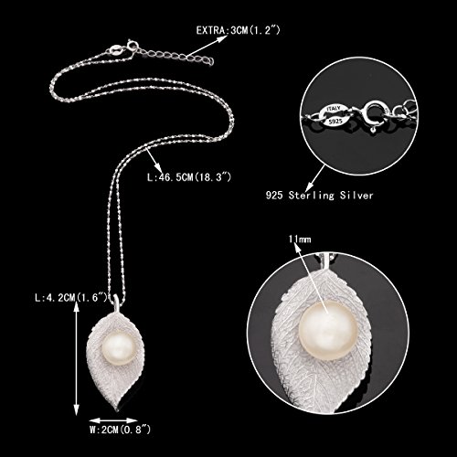 EVER FAITH Plata de Ley 925 11MM Perla Cultivada de Agua Dulce Único Hoja Colgante Collar