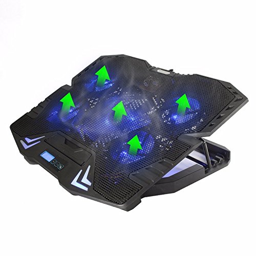 Ewent EW1259 Base de refrigeración gaming para ordenador portátil de 12 a 17 pulgadas con 2 puertos USB, 5 ventiladores, luz LED azul, selección de angulo de vista