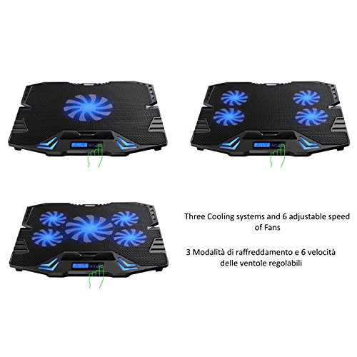 Ewent EW1259 Base de refrigeración gaming para ordenador portátil de 12 a 17 pulgadas con 2 puertos USB, 5 ventiladores, luz LED azul, selección de angulo de vista