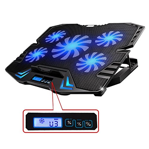 Ewent EW1259 Base de refrigeración gaming para ordenador portátil de 12 a 17 pulgadas con 2 puertos USB, 5 ventiladores, luz LED azul, selección de angulo de vista