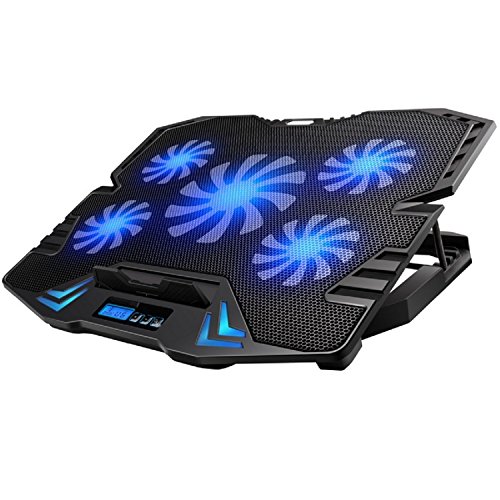 Ewent EW1259 Base de refrigeración gaming para ordenador portátil de 12 a 17 pulgadas con 2 puertos USB, 5 ventiladores, luz LED azul, selección de angulo de vista