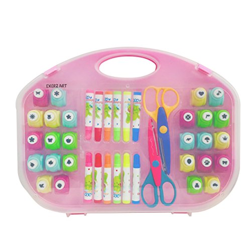 Exerz Set de Arte y Manualidades/Perforadores/Tijeras para Manualidades/Marcadores de Colores – 40 Piezas en un Estuche de Almacenamiento (Rosa, 40 Piezas)