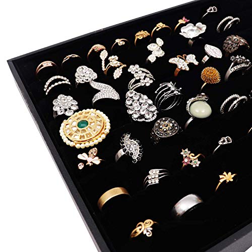 Exhibidor y Caja Organizar Joyas - 34x23cm Acabado en Cuero Sintético Elegantemente Forrado de Terciopelo Negro Caja Expositora con 7 rollos para Anillos y Gemelos