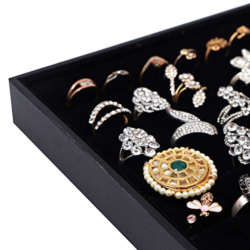 Exhibidor y Caja Organizar Joyas - 34x23cm Acabado en Cuero Sintético Elegantemente Forrado de Terciopelo Negro Caja Expositora con 7 rollos para Anillos y Gemelos