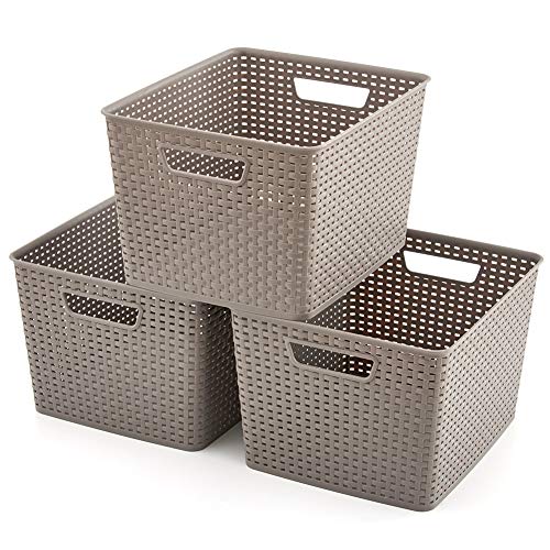 EZOWare 3 pcs Grande Cestas de Almacenaje Multiuso, Cajas Organizadoras de Plástico con Efecto de Mimbre y Asas para Cocina, Baño - Gris