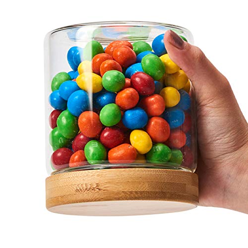 EZOWare 4 Pcs Tarros de Almacenamiento Recipientes Organizador de Vidrio Borosilicato con Tapa Hermético de Madera Bambu y Aluminio para Cocina o Baño - 600ml