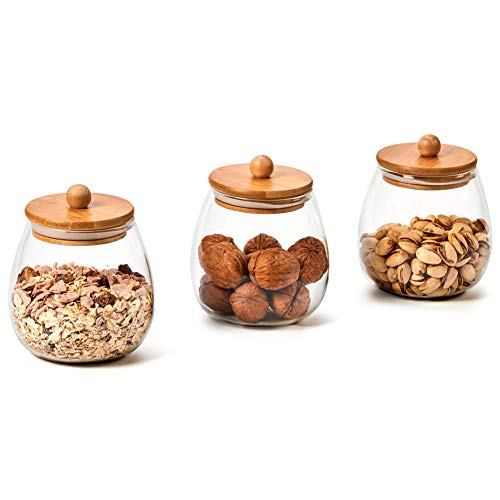 EZOWare 4 Pcs Tarros de Vidrio, Ronda Media Frascos con Tapa Hermética de Madera Bambú para Almacenaje y Conservar Alimentos, Especias, uso en Cocina, Baño, Decorativo - 1000ml