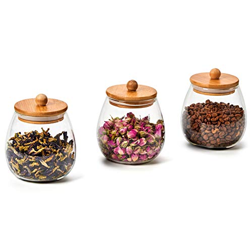 EZOWare 4 Pcs Tarros de Vidrio, Ronda Media Frascos con Tapa Hermética de Madera Bambú para Almacenaje y Conservar Alimentos, Especias, uso en Cocina, Baño, Decorativo - 1000ml