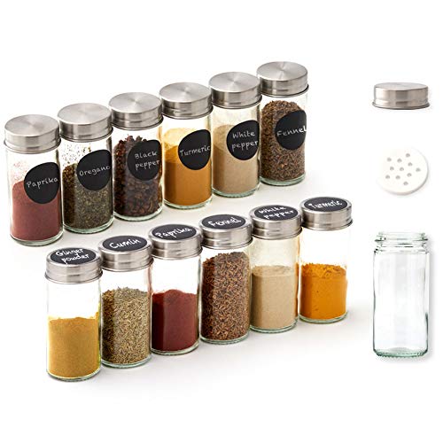 EZOWare Especiero, Estante Organizador de Especias con 24 Botes Vacíos de Cristal y Etiquetas de Pizarra para Encimeras, Gabinetes, Armario, Cocina, Despensa - Plata