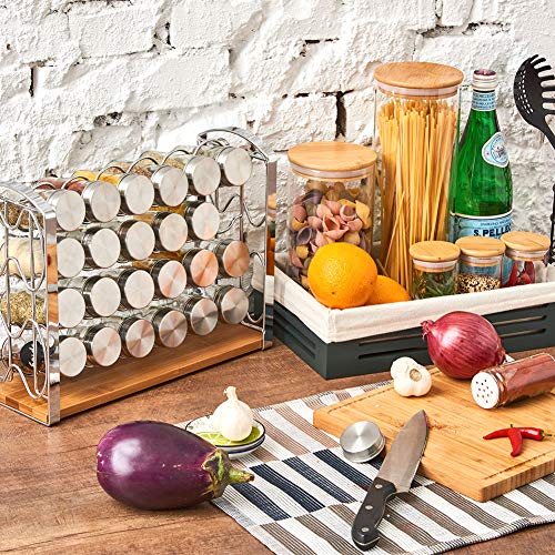 EZOWare Especiero, Estante Organizador de Especias con 24 Botes Vacíos de Cristal y Etiquetas de Pizarra para Encimeras, Gabinetes, Armario, Cocina, Despensa - Plata