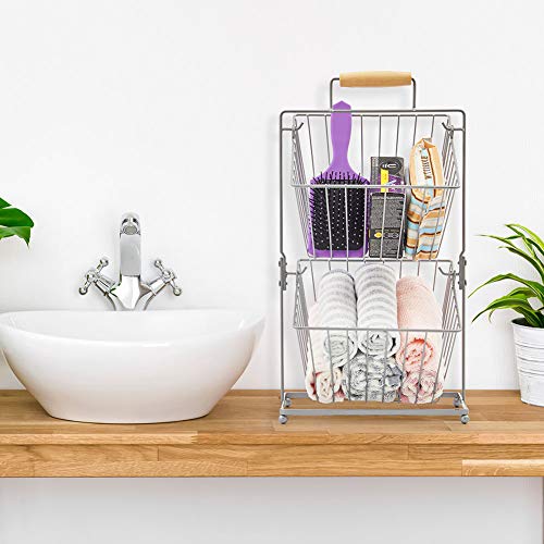 EZOWare Frutero de 2 Cestas, Organizador de Encimeras Metal Decorativo para Frutas, Verduras, Bocadillos, Artículos para el Hogar - Plata