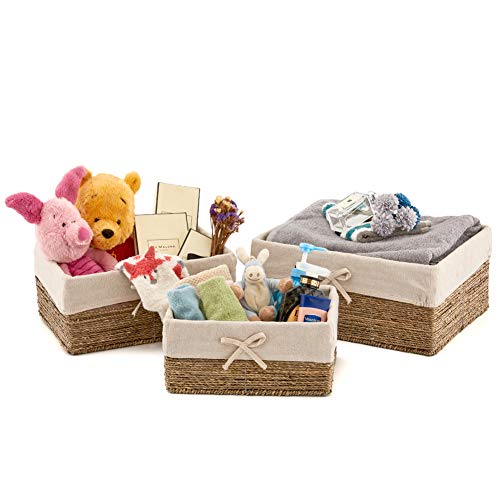 EZOWare Set de 3 Cestas de Almacenamiento de Mimbre de Natural Algas Marinas, Caja Organizadora Decorativo con Forro de Tela Extraíble Ideal para Baño, Cocina o Decoración del Hogar