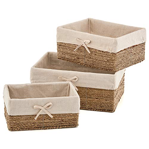 EZOWare Set de 3 Cestas de Almacenamiento de Mimbre de Natural Algas Marinas, Caja Organizadora Decorativo con Forro de Tela Extraíble Ideal para Baño, Cocina o Decoración del Hogar