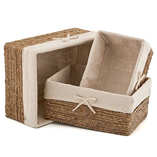 EZOWare Set de 3 Cestas de Almacenamiento de Mimbre de Natural Algas Marinas, Caja Organizadora Decorativo con Forro de Tela Extraíble Ideal para Baño, Cocina o Decoración del Hogar