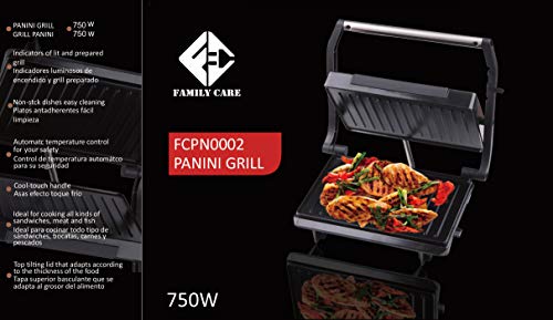 Family Care Parrilla Eléctrica, Revestimiento Antiadherente de fácil limpieza, 750 W, Asas efecto toque frío, acabado de acero inoxidable y plástico, Gran superficie de cocción 23cm*14,5cm