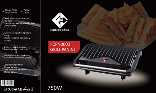 Family Care Parrilla Eléctrica, Revestimiento Antiadherente de fácil limpieza, 750 W, Asas efecto toque frío, acabado de acero inoxidable y plástico, Gran superficie de cocción 23cm*14,5cm