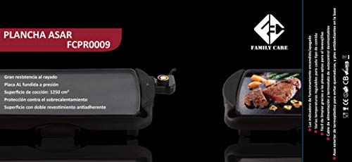 Family Care Plancha de Cocina Eléctrica para Asar todo Tipo de Alimentos de Manera Sana y Fácil. Potencia de 2000 W y Superficie de Cocción de 1250 cm2. Dimensiones: 48x26 cm