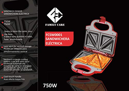 Family Care Sandwichera eléctrica, Revestimiento Antiadherente, Capacidad 2 Sandwiches, color rojo, 750 W