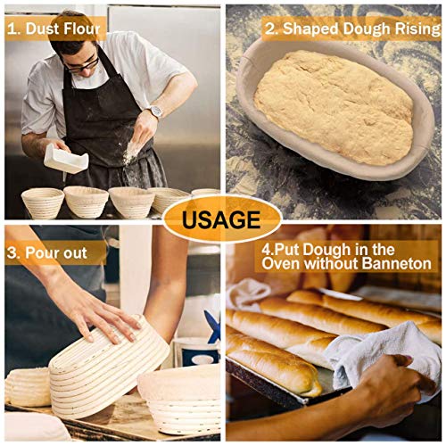Familybox Banneton Canasta de Prueba de Pan Ovalada de 27.6 cm, Cesta de Ratán Natural para Pan y Masa(hasta 1000g) con Línea de Tela Raspador de Pasta, Pan cojo, Set de Recetas de Inicio