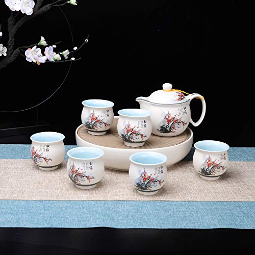 fanquare 8 Piezas Kung Fu Juego de Té de Cerámica con Glaseado Nieve Blanca, Tetera de Porcelana de Ciruela Roja, Servicio de Té con Bandeja