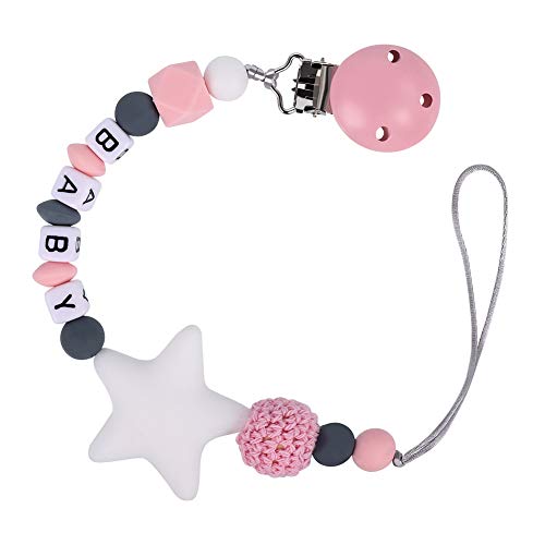 fanshiontide Chupetero para Bebé, Cadena de Chupete Silicona Alimentaria, Bebes Cuentas Silicona Clips de Chupete Soothie，Mordedor para Niños con Bola Antibacteriana(Rosa)