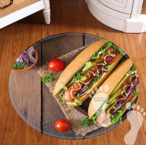 FBCN Alfombrilla de baño Antideslizante, Redonda, de Cocina, Muy Suave, Lavable a máquina, decoración de baño de Cuatro Estaciones (60 cm), sabrosos Hotdogs
