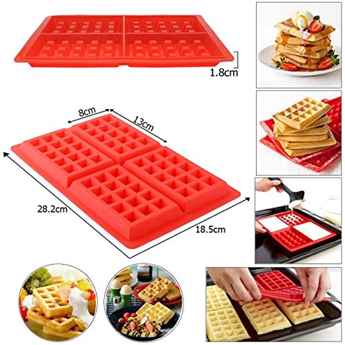 Febbya Moldes de Gofres,Silicone Waffle Moldes 2 Pack Antiadherentes Gofres para Hornear para Niños Molletes Galletas Choclate Herramientas de Cocina Rectangular y Forma de Corazón Rojo