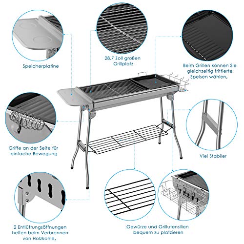 Femor Barbacoa Portátil de Acero Inoxidable, Parrilla de Carbón, Barbacoa Plegable, Barbacoa de Exteriores para BBQ, 73 * 33 * 72 cm, Buena ventilación, Picnic, Camping, Festivales(5-10 Personas)