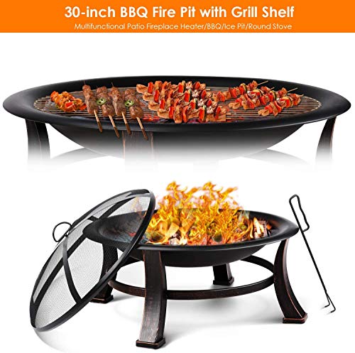 Femor Brasero Exterior con Parrilla，Barbacoa Portátil de Carbón，76x76x46cm, con Póker, Parrilla de Cubierta Protectora y Cubierta Protectora Impermeable, para Calefacción, Barbacoa, Fiesta