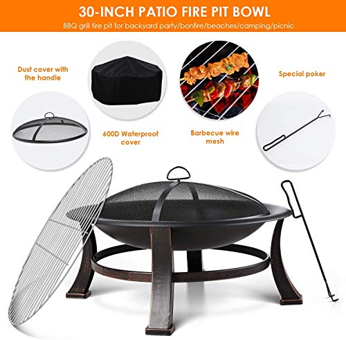 Femor Brasero Exterior con Parrilla，Barbacoa Portátil de Carbón，76x76x46cm, con Póker, Parrilla de Cubierta Protectora y Cubierta Protectora Impermeable, para Calefacción, Barbacoa, Fiesta