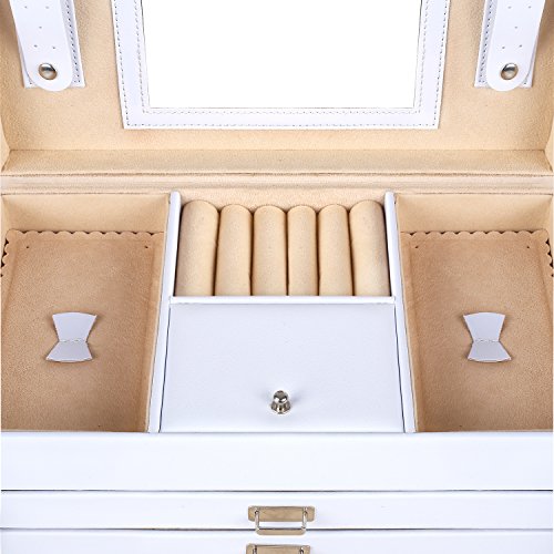 Femor Caja Joyero 4 Niveles, Caja para Joyas con Espejo y 3 Cajones, Interior de Terciopelo, de Viaje, con Cerradura, para Pendientes,Collares,Pulseras,Anillos,Relojes,Gafas,Regalo para Navidad Mujer