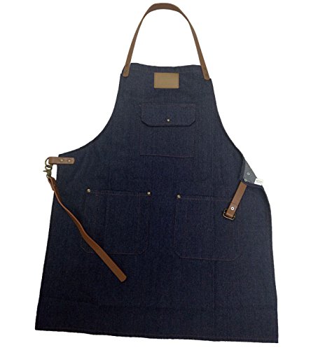 FEOYA Delantal Corto de Trabajo Mandil de Denim con Bolsillos para Hombres Restaurante Cafetería Cibercafé Talla L