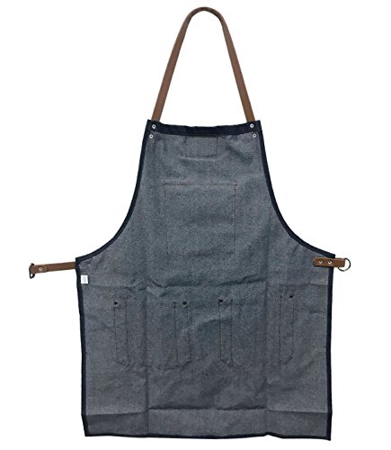 FEOYA Delantal Corto de Trabajo Mandil de Denim con Bolsillos para Hombres Restaurante Cafetería Cibercafé Talla L