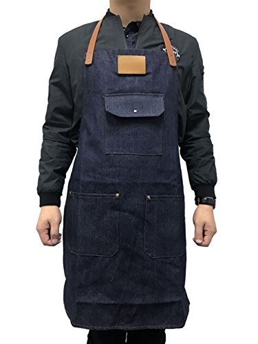 FEOYA Delantal Corto de Trabajo Mandil de Denim con Bolsillos para Hombres Restaurante Cafetería Cibercafé Talla L