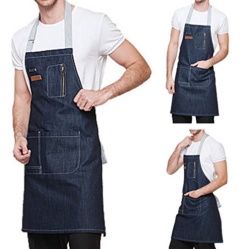 FEOYA Unisex Delantales Camarero Cortos Denim con Bolsillos Mandil para Trabajo Restaurante Cafetería 76 * 62cm - Azul