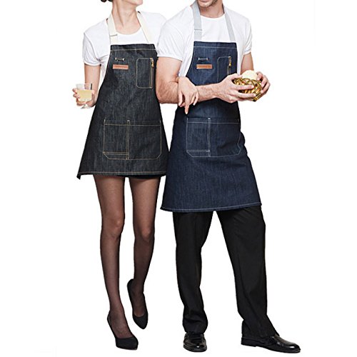 FEOYA Unisex Delantales Camarero Cortos Denim con Bolsillos Mandil para Trabajo Restaurante Cafetería 76 * 62cm - Azul