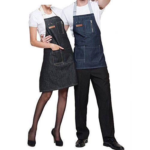 FEOYA Unisex Delantales Camarero Cortos Denim con Bolsillos Mandil para Trabajo Restaurante Cafetería 76 * 62cm - Azul