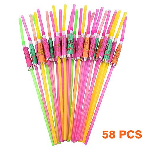 FEPITO 58 PCS Umbrella Drinking Straws ， Parasol Bendy Drinking Drops para Hawaiian Beach Cocktail Luau Tropical Party Decoraciones Suministros