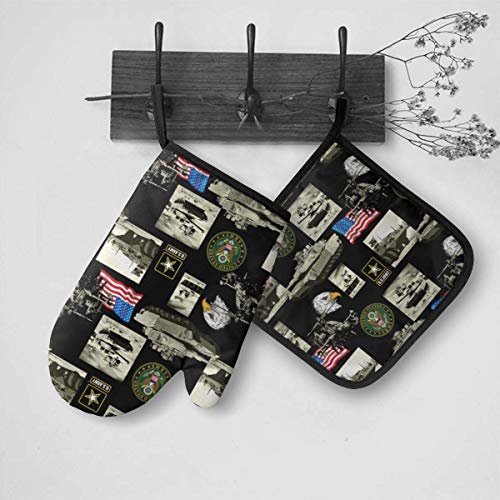 FHTDH Suministros de Cocina, Guantes de Horno y Juegos de ollas United States Army Heat Resistant Oven Mitts and Pot Holders Sets Cooking Gloves Baking Gloves for BBQ Cooking Baking Grilling