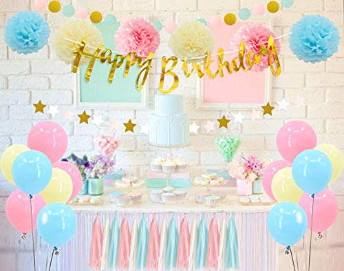 Fiesta de decoraciones en colores pastel con borlas de papel y pompones, rosa, azul y amarillo para niñas Baby Shower, cumpleaños, fiesta de bodas