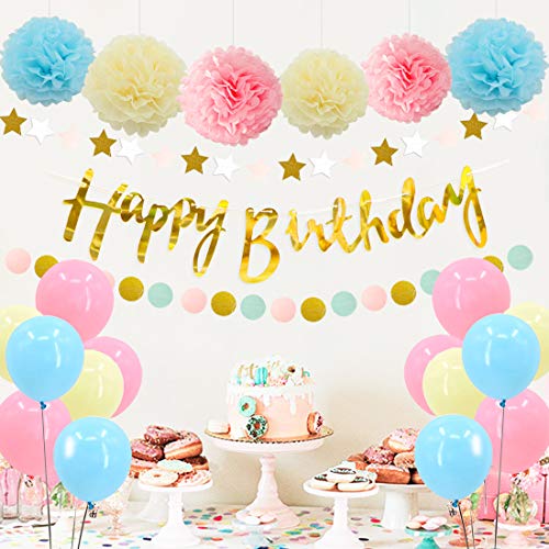 Fiesta de decoraciones en colores pastel con borlas de papel y pompones, rosa, azul y amarillo para niñas Baby Shower, cumpleaños, fiesta de bodas